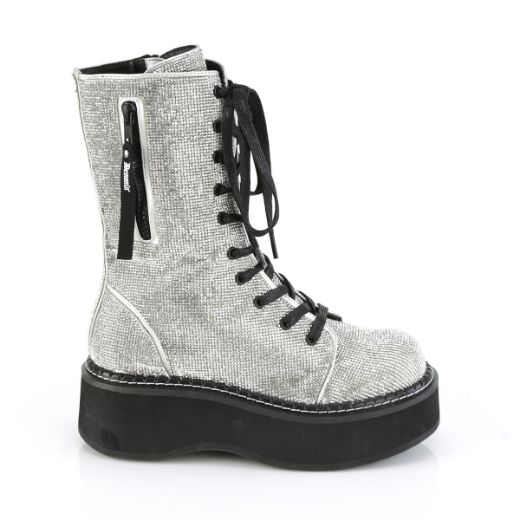 Product image of Demonia EMILY-362 Silver Vegan Faux Leather-Rhinstone 2 inch Platform Calf High Lace-Up Boot With  Zip Pocket Metal Side Zip