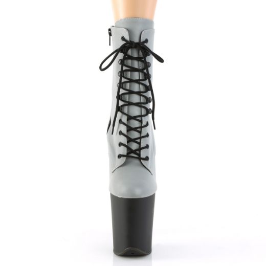 Product image of Pleaser FLAMINGO-1020REFL Silver Reflective/Black Matte 8 inch (20 cm) Heel 4 inch (10 cm) Platform Lace-Up Front Ankle Boot Side Zip