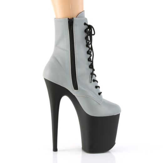 Product image of Pleaser FLAMINGO-1020REFL Silver Reflective/Black Matte 8 inch (20 cm) Heel 4 inch (10 cm) Platform Lace-Up Front Ankle Boot Side Zip