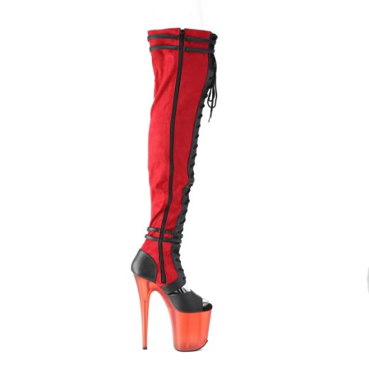 Product image of Pleaser FLAMINGO-3027 Red Faux Suede-Black Faux Leather/Frosted Red 8 inch (20 cm) Heel 4 inch (10 cm) Platform Lace-Up Front Thigh Side Zip