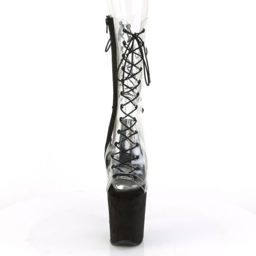 Product image of Pleaser FLAMINGO-800-60FS Clear/Black Faux Suede 8 inch (20 cm) Heel 4 inch (10 cm) Platform Lace-Up Mid Calf Boot Side Zip