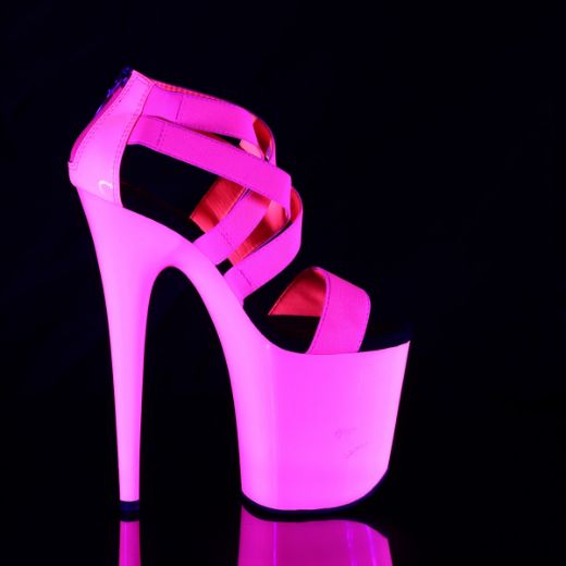 Product image of Pleaser FLAMINGO-869UV Neon Hot Pink Elastic Band-Patent/Neon Hot Pink 8 inch (20 cm) Heel 4 inch (10 cm) Platform Blacklight (Uv) Reactive Criss Cross Sandal Back Zip Shoes