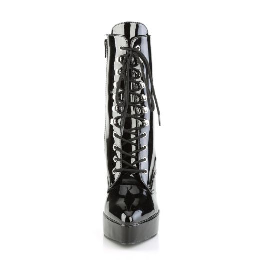 Product image of Devious INDULGE-1020 Black Patent 5 1/4 inch (13.3 cm) Heel 1 1/4 inch (3.2 cm) Platform Lace-Up Front Ankle Boot Side Zip