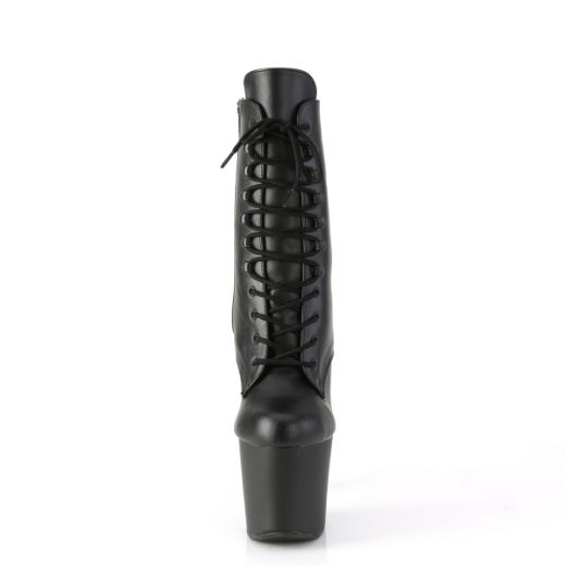 Product image of Pleaser IRONGRIP-1020 Black Faux Leather/Black Matte-Silver Brushed 7 inch (17.8 cm) Brass Knuckle Heel 3 1/4 inch (8.3 cm) Platform Lace-Up Boot Side Zip