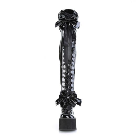 Product image of Demonia KERA-303 Black Stretch Patent 4 1/2 inch Wedge Platform Lace-Up Stretch Thigh Boot Side Zip