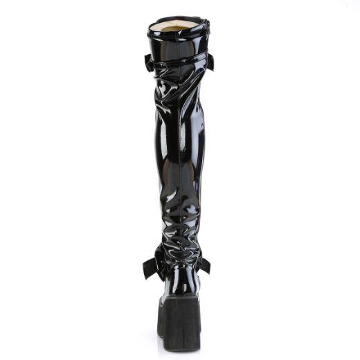 Product image of Demonia KERA-303 Black Stretch Patent 4 1/2 inch Wedge Platform Lace-Up Stretch Thigh Boot Side Zip