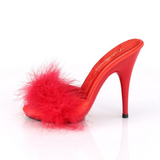 Product image of Fabulicious POISE-501F Red Satin-Faux Feathers Faux Fur/Red 5 inch (12.7 cm) Heel 3/8 inch (1 cm) Platform Faux Feathers Slide Sandal Shoes