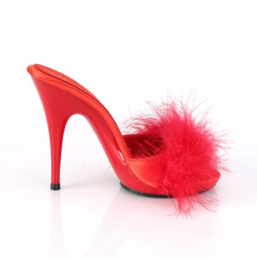 Product image of Fabulicious POISE-501F Red Satin-Faux Feathers Faux Fur/Red 5 inch (12.7 cm) Heel 3/8 inch (1 cm) Platform Faux Feathers Slide Sandal Shoes