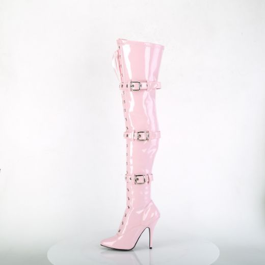 Product image of Pleaser SEDUCE-3028 Baby Pink Stretch Patent 5 inch (12.7 cm) Heel Lace-Up Triple Buckles Straps Thigh Boot Side Zip Thigh High Boot