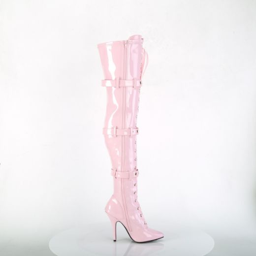 Product image of Pleaser SEDUCE-3028 Baby Pink Stretch Patent 5 inch (12.7 cm) Heel Lace-Up Triple Buckles Straps Thigh Boot Side Zip Thigh High Boot