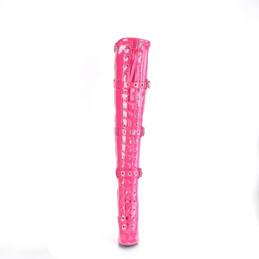 Product image of Pleaser SEDUCE-3028 Hot Pink Stretch Patent 5 inch (12.7 cm) Heel Lace-Up Triple Buckles Straps Thigh Boot Side Zip Thigh High Boot