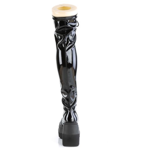 Product image of Demonia SHAKER-374 Black Stretch Patent 4 1/2 inch Wedge Platform Lace-Up Thigh-High Boot Outside Zip