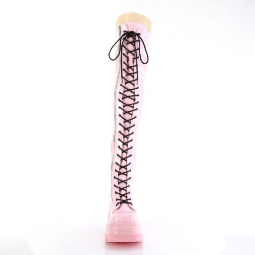 Product image of Demonia SHAKER-374 Baby Pink Holographic Stretch Patent 4 1/2 inch Wedge Platform Lace-Up Thigh-High Boot Outside Zip