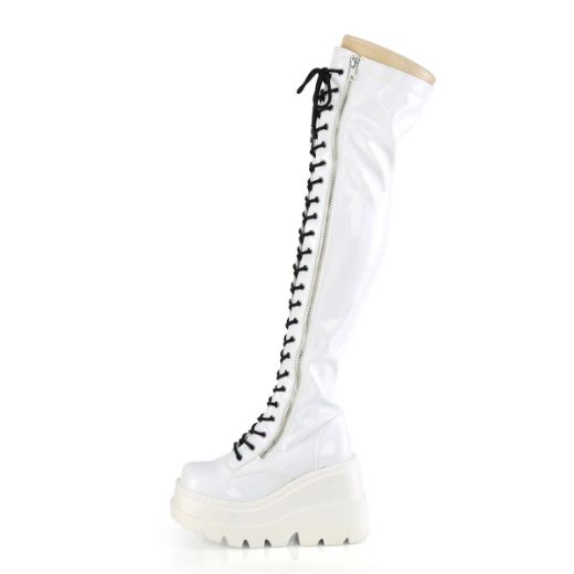 Product image of Demonia SHAKER-374 White Holographic Stretch Patent 4 1/2 inch Wedge Platform Lace-Up Thigh-High Boot Outside Zip