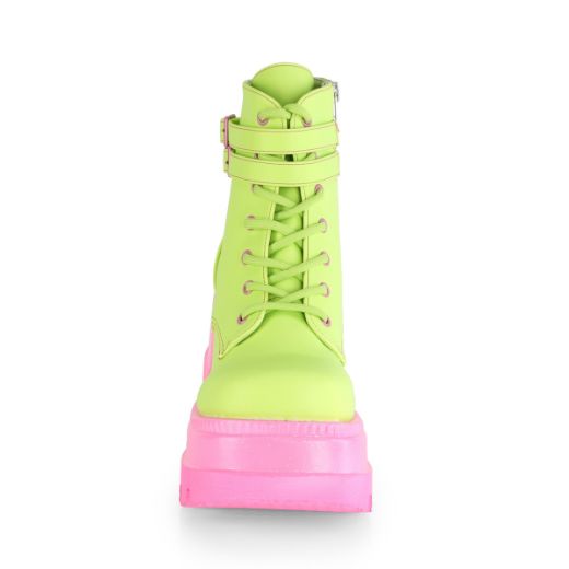 Product image of Demonia SHAKER-52 Lime Reflective Vegan Faux Leather/Pink 4 1/2 inch (11.4 cm) Wedge Platform Ankle Boot Side Zip