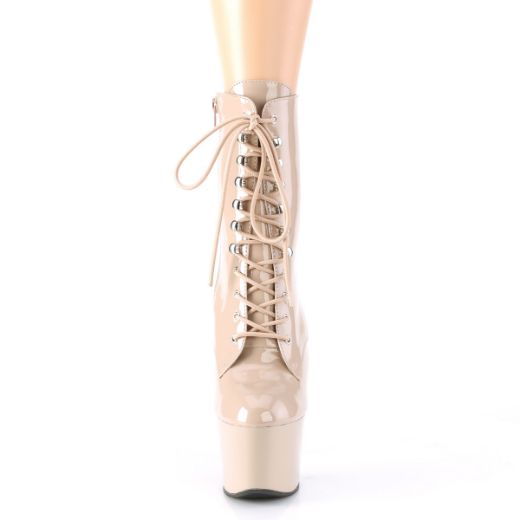 Product image of Pleaser SKY-1020 Nude Patent/Nude 7 inch (17.8 cm) Heel 2 3/4 inch (7 cm) Platform Lace-Up Front Ankle Boot Side Zip