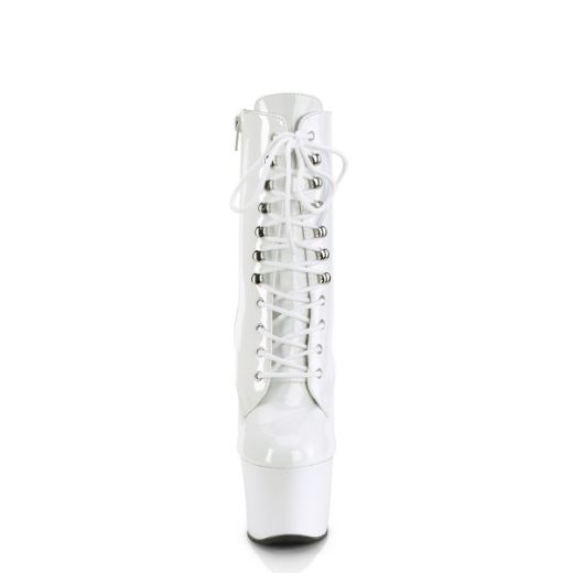 Product image of Pleaser SKY-1020 White Patent/White 7 inch (17.8 cm) Heel 2 3/4 inch (7 cm) Platform Lace-Up Front Ankle Boot Side Zip