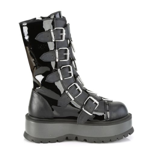 Product image of Demonia SLACKER-160 Black Patent-Vegan Faux Leather 2 inch Platform Mid-Calf Boot With  5 Buckles Straps Outside Zip