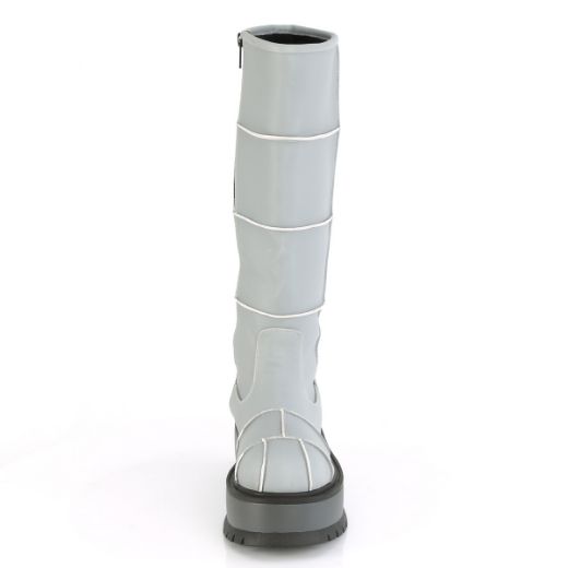 Product image of Demonia SLACKER-230 Grey Reflective Vegan Faux Leather 2 inch (5.1 cm) Platform Knee High Boot Side Zip