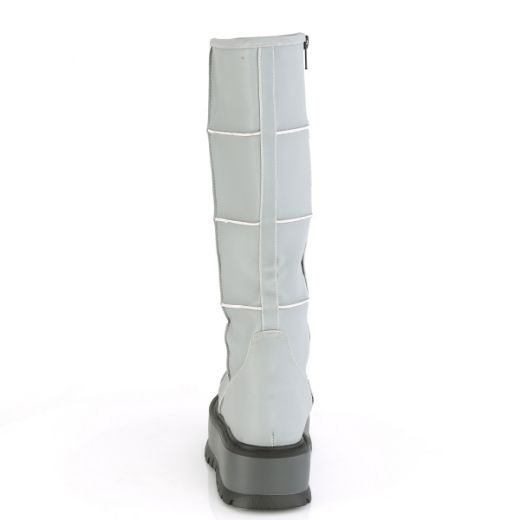 Product image of Demonia SLACKER-230 Grey Reflective Vegan Faux Leather 2 inch (5.1 cm) Platform Knee High Boot Side Zip
