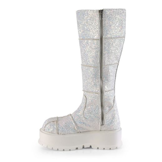 Product image of Demonia SLACKER-230 White Multicolour Glitter 2 inch (5.1 cm) Platform Knee High Boot Side Zip