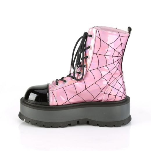 Product image of Demonia SLACKER-88 Pink Holographic-Black Patent 2 inch (5.1 cm) Platform Lace-Up Ankle Boot