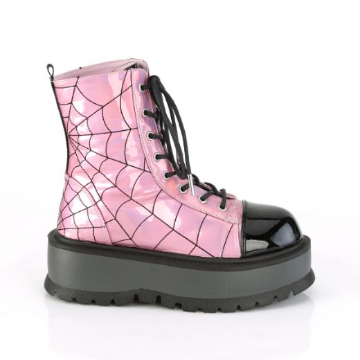 Product image of Demonia SLACKER-88 Pink Holographic-Black Patent 2 inch (5.1 cm) Platform Lace-Up Ankle Boot