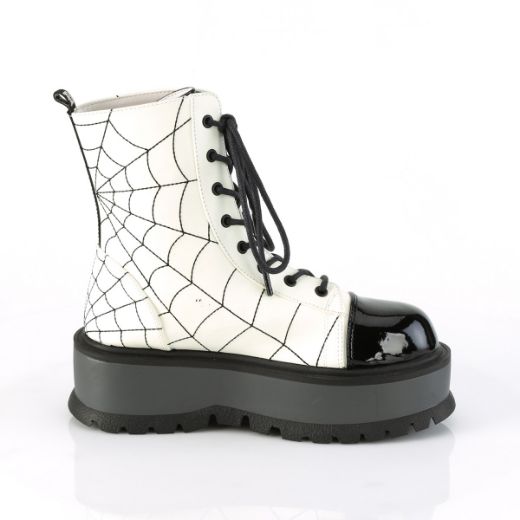 Product image of Demonia SLACKER-88 White Glow Vegan Faux Leather-Black Patent 2 inch (5.1 cm) Platform Lace-Up Ankle Boot