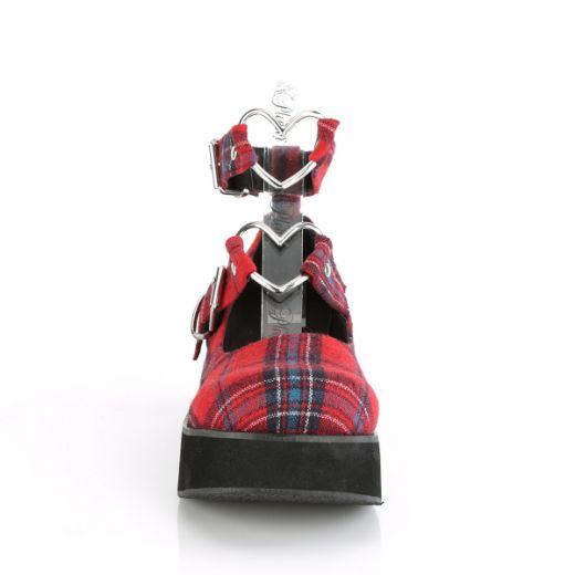 Product image of Demonia SPRITE-02 Red Plaid Fabric 2 1/4 inch Platform Mary Jane With  Hearts O-Ring & Studs Detail
