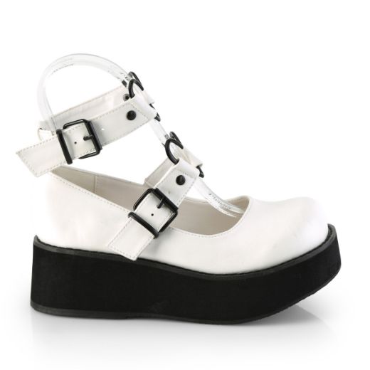 Product image of Demonia SPRITE-02 White Vegan Faux Leather 2 1/4 inch Platform Mary Jane With  Hearts O-Ring & Studs Detail