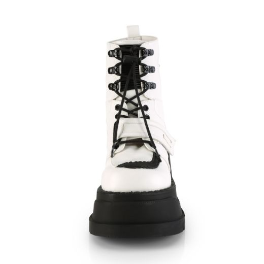 Product image of Demonia STOMP-13 White Vegan Faux Leather 4 3/4 inch (12.1 cm) Wedge Platform Lace-Up Ankle Boot With  Hook & Loop Straps