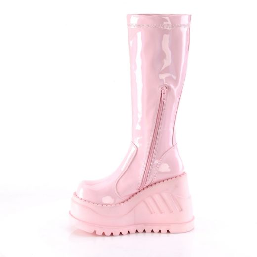 Product image of Demonia STOMP-200 Baby Pink Holographic Stretch Patent 4 3/4 inch Wedge Platform Stretch Knee High Boot Back Zip