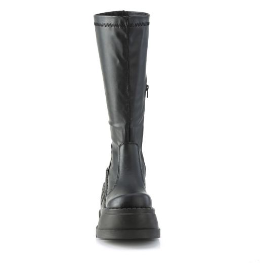 Product image of Demonia STOMP-200 Black Stretch Vegan Faux Leather 4 3/4 inch Wedge Platform Stretch Knee High Boot Back Zip