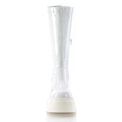Product image of Demonia STOMP-200 White Holographic Stretch Patent 4 3/4 inch Wedge Platform Stretch Knee High Boot Back Zip