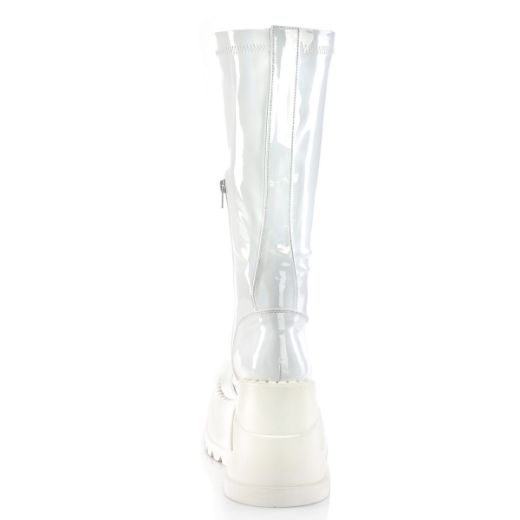Product image of Demonia STOMP-200 White Holographic Stretch Patent 4 3/4 inch Wedge Platform Stretch Knee High Boot Back Zip