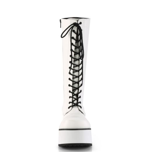 Product image of Demonia TRASHVILLE-502 White Vegan Faux Leather 3 1/4 inch Platform Lace-Up Knee High Boots Side Zip