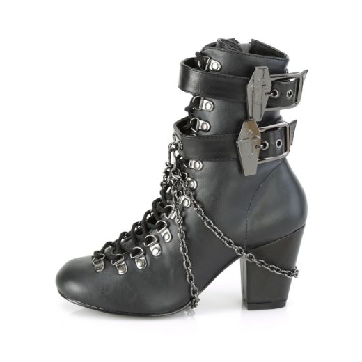 Product image of Demonia VIVIKA-128 Black Vegan Faux Leather 3 inch (7.6 cm) Block Heel Round Toe D-Ring Lace-Up Ankle Boot Size Zip