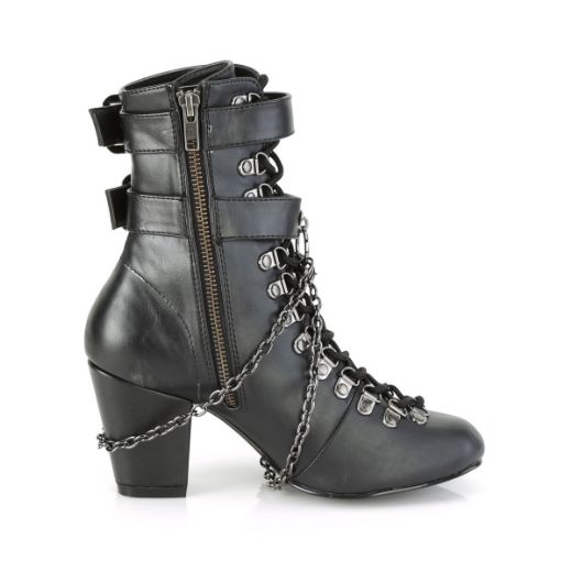 Product image of Demonia VIVIKA-128 Black Vegan Faux Leather 3 inch (7.6 cm) Block Heel Round Toe D-Ring Lace-Up Ankle Boot Size Zip