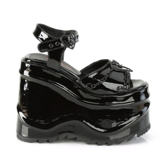Product image of Demonia WAVE-09 Black Patent 6 inch (15.2 cm) Wedge Platform Ankle Strap Sandal Shoes
