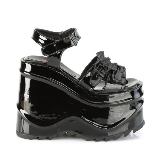Product image of Demonia WAVE-13 Black Patent 6 inch (15.2 cm) Wedge Platform Hook & Loop Ankle Strap Sandal