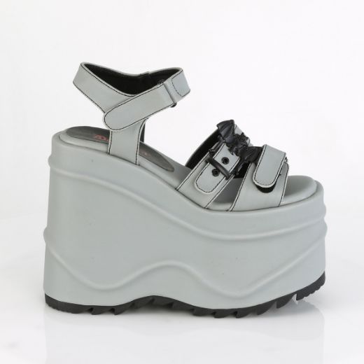 Product image of Demonia WAVE-13 Grey Reflective Vegan Faux Leather 6 inch (15.2 cm) Wedge Platform Hook & Loop Ankle Strap Sandal