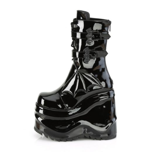 Product image of Demonia WAVE-150 Black Patent 6 inch (15.2 cm) Wedge Platform Lace-Up Mid-Calf Boot Back Metal Zip