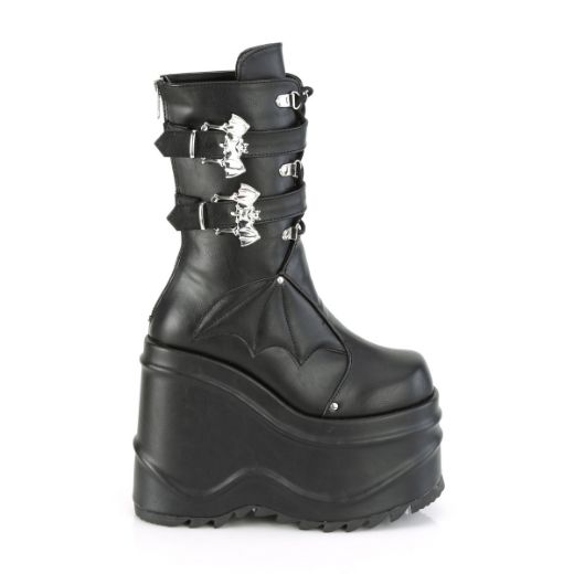 Product image of Demonia WAVE-150 Black Vegan Faux Leather 6 inch (15.2 cm) Wedge Platform Lace-Up Mid-Calf Boot Back Metal Zip