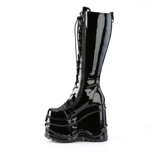 Product image of Demonia WAVE-200 Black Patent 6 inch Wedge Platform Lace-Up Knee High Boot Back Metal Zip