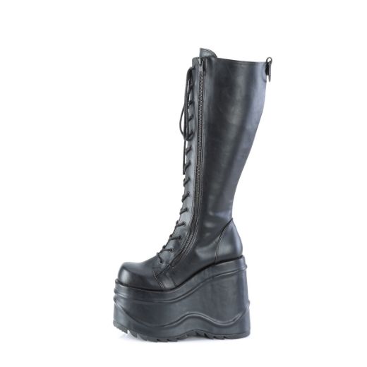 Product image of Demonia WAVE-200 Black Vegan Faux Leather 6 inch (15.2 cm) Wedge Platform Lace-Up Knee High Boot Back Metal Zip