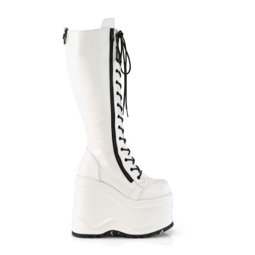 Product image of Demonia WAVE-200 White Vegan Faux Leather 6 inch Wedge Platform Lace-Up Knee High Boot Back Metal Zip