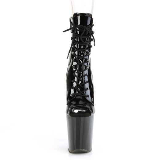 Product image of Pleaser XTREME-1021 Black Patent/Black 8 inch (20 cm) Heel 4 inch (10 cm) Platform Peep Toe Lace-Up Ankle Boot Side Zip
