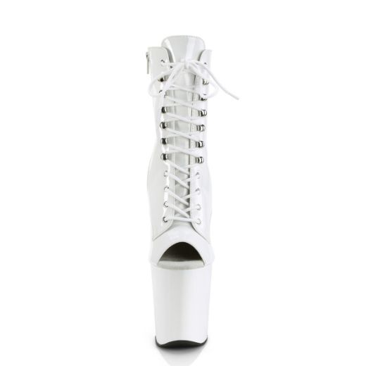 Product image of Pleaser XTREME-1021 White Patent/White 8 inch (20 cm) Heel 4 inch (10 cm) Platform Peep Toe Lace-Up Ankle Boot Side Zip