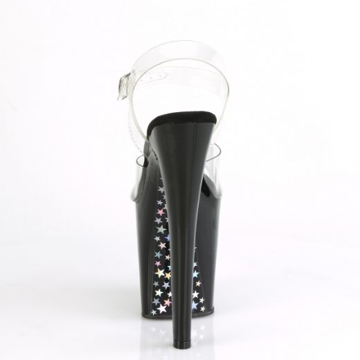 Product image of Pleaser XTREME-808CHS Clear/Black-Silver Holographic 8 inch (20 cm) Heel 4 inch (10 cm) Platform Ankle Strap Sandal With Contrast Holographic Stars Shoes