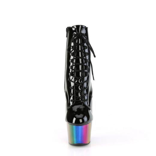Product image of Pleaser ADORE-1020RC Blk Pat/Rainbow Chrome 7 Inch Heel 2 3/4 Inch Chromed PF Lace-Up Ankle Boot Side Zip